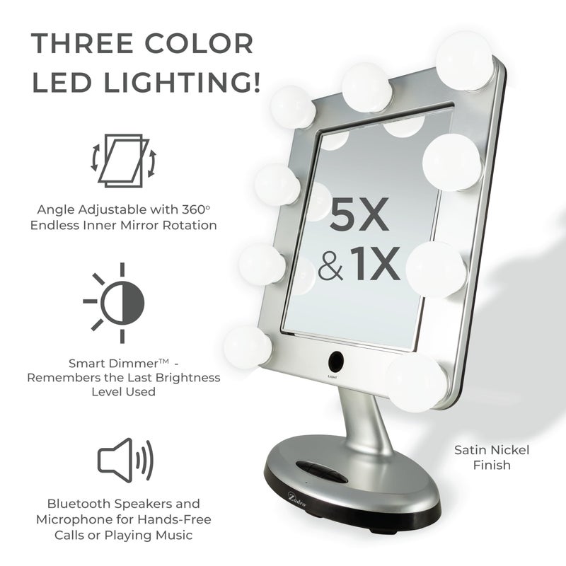 Zadro Melrose LED Variable 3-Color Lighted Dual-Sided 5X/1X Magnification Bluetooth Vanity Beauty Makeup Hollywood-Style Mirror, Satin Nickel - Image 3